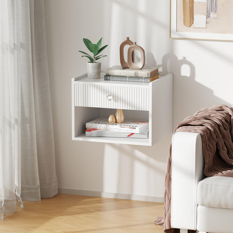 BEWISHOME White Floating Nightstand,Modern Fluted Floating Bedside Table, 15.7" Wall Mounted Nightstand with Drawer & Open Shelf,Small End Table Bedside Shelf for Bedroom, White KTZ06W BEWISHOME