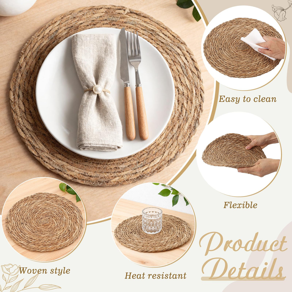 Cattail Woven Placemats Set of 6 and Storage Basket, 12 Inch Farmhouse Plate Chargers Set with Rattan Wicker Holder, Braided Straw Table Mats for Dining Table, Fall, Party, Thanksgiving, Christmas BSSN