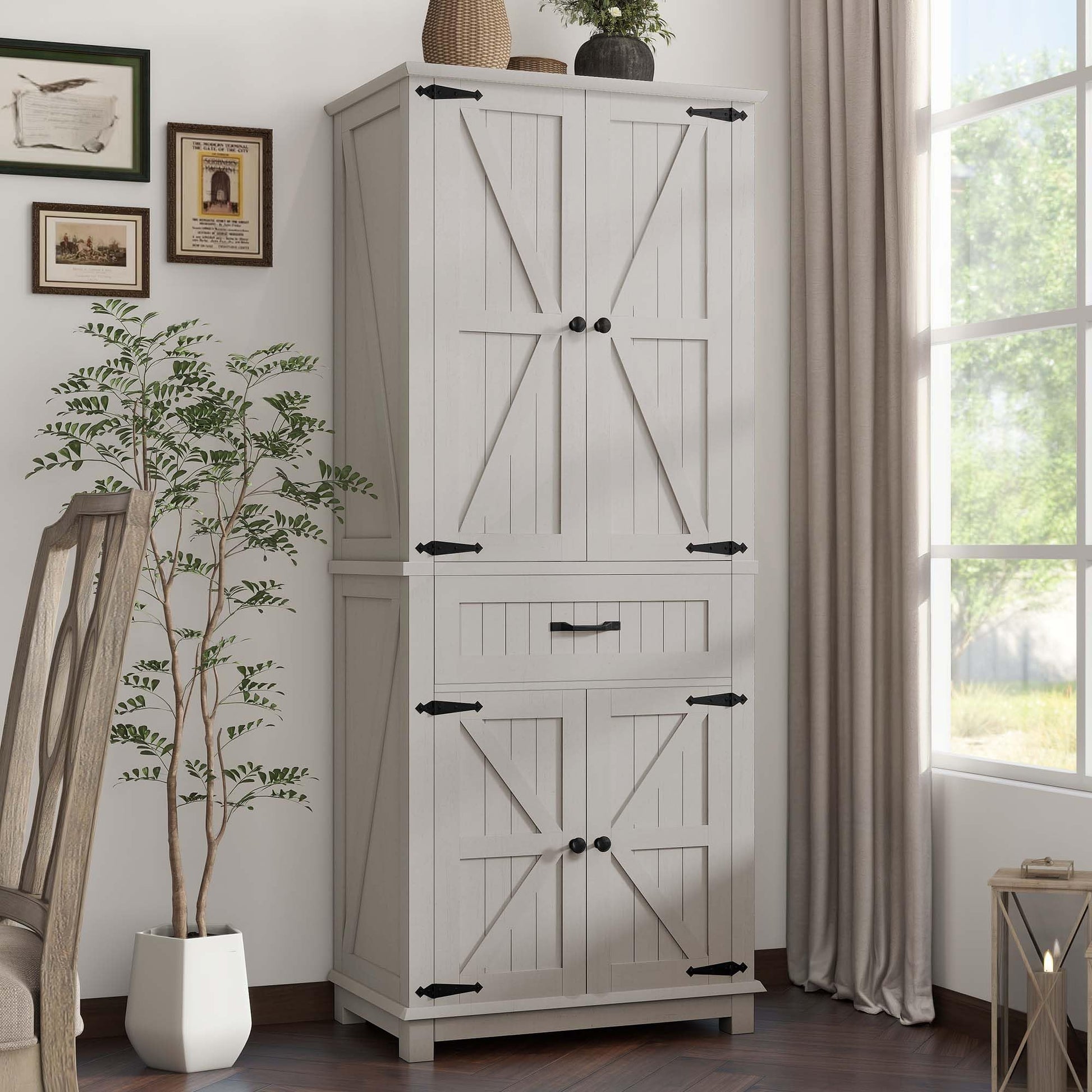 DWVO 72" Tall Farmhouse Pantry Cabinet, Kitchen Storage Cabinet with Drawer and 2 Barn Doors, Kitchen Cabinet Versatile Storage for Living Room, Dining Room, White Oak - WoodArtSupply