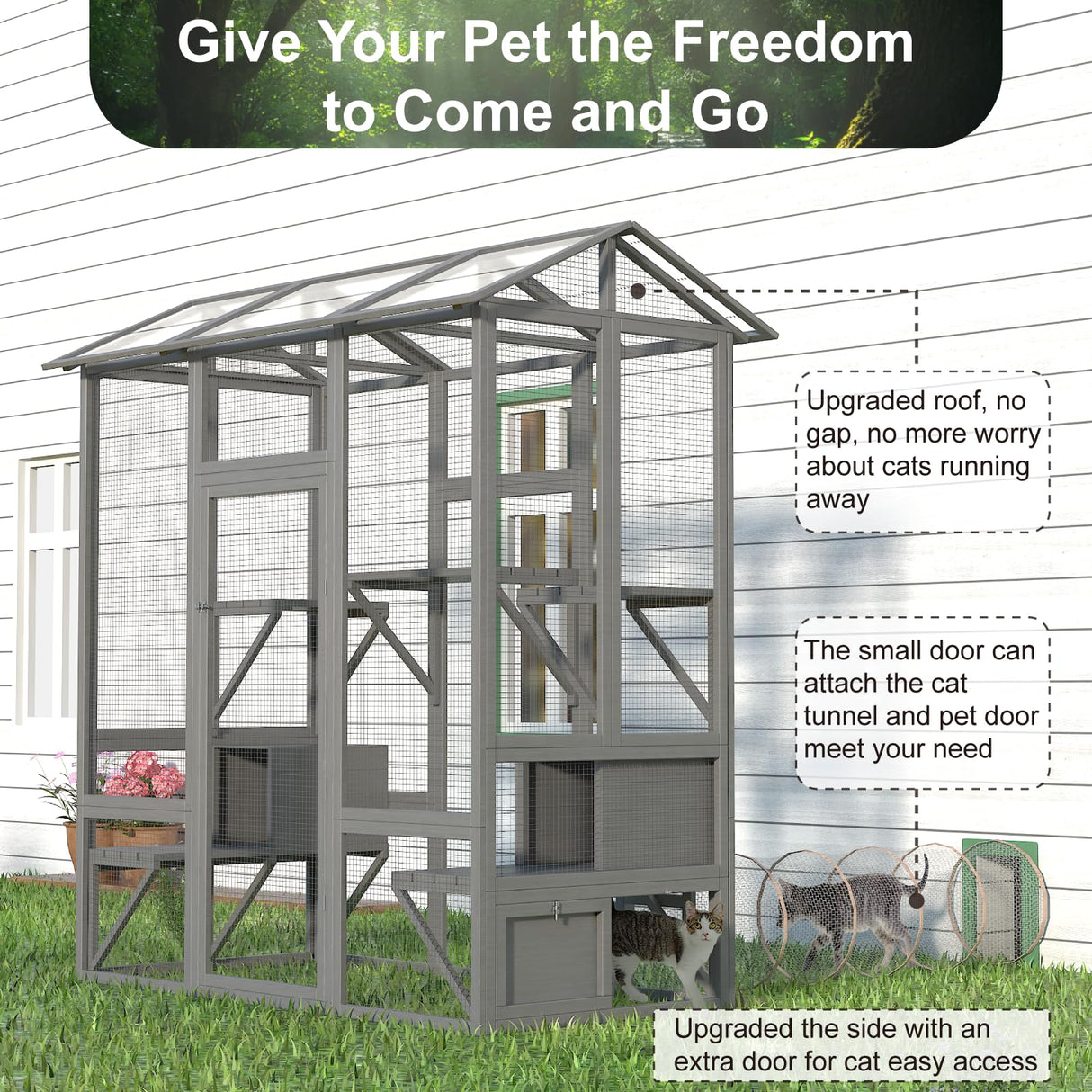 TIMHAKA 72 Inch Cat Catio, Large Catio Outdoor Cat Enclosure with Sunshine Panel Roof and Waterproof Cover, Walk-in Wooden Cat House for Patio with 7 Platforms & 2 Resting Box, Grey Feral Kitten Cage TIMHAKA