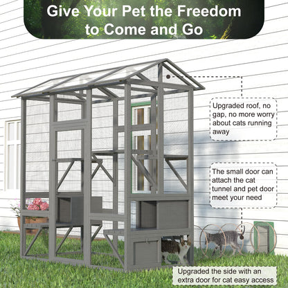 TIMHAKA 72 Inch Cat Catio, Large Catio Outdoor Cat Enclosure with Sunshine Panel Roof and Waterproof Cover, Walk-in Wooden Cat House for Patio with 7 Platforms & 2 Resting Box, Grey Feral Kit - WoodArtSupply