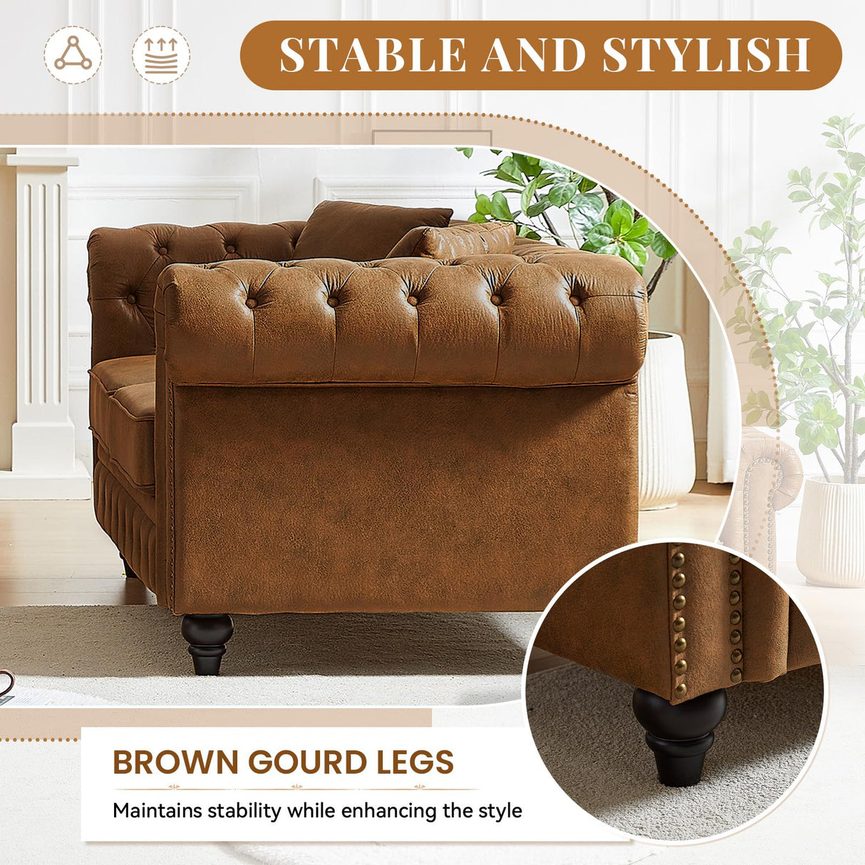 Modern Chesterfield Sofa Couch, 63.5-inch Tech Fabric Loveseat Sofa with Rolled Armrests and Tufted Button for Living Room, Office, Brown Antetek