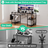 HYPIGO Workstation Desk with Keyboard Tray, 55 Inch Computer Desk with Storage Shelves Monitor Stands and 4 Iron Hooks, Industrial Desk for Home Office HYPIGO