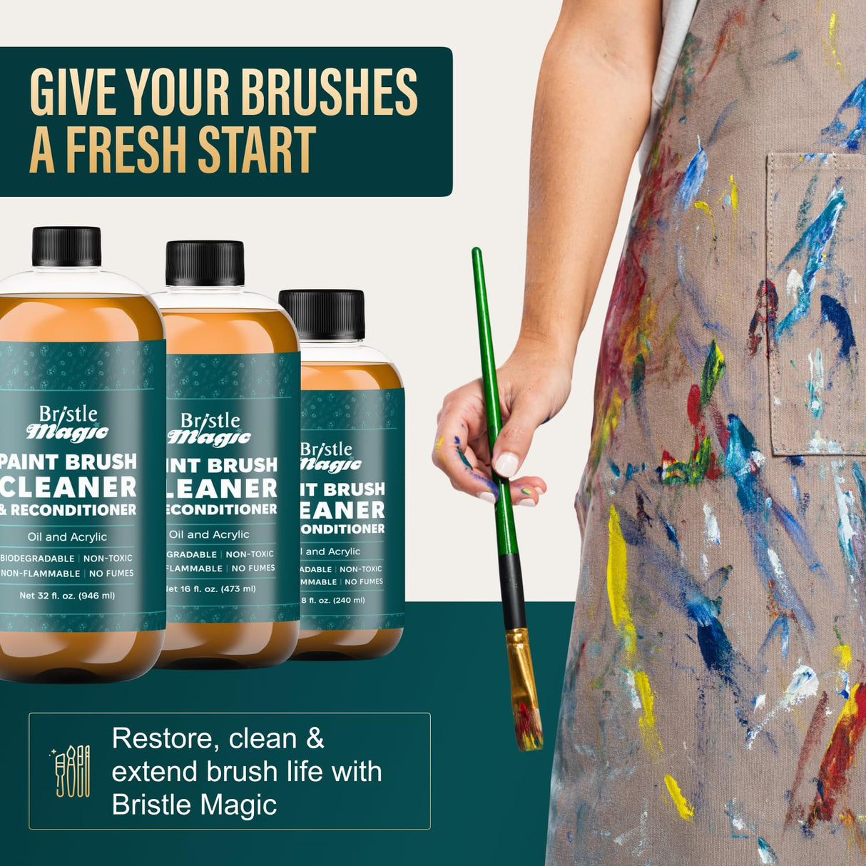 Bristle Magic Oil Paint Brush Cleaner and Restorer-Paintbrush Cleaner for Acrylic, Oil, and Glass Paints-Biodegradable, Non-Toxic, Odorless, Eco-Friendly, Quick-Clean Formula Paint Remover (32 Fl Oz) Bristle Magic