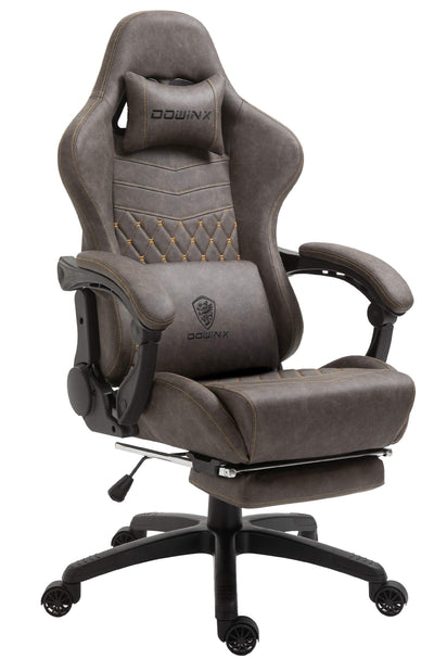 Dowinx Gaming Chair Office Desk Chair with Massage Lumbar Support, Vintage Style Task Chair PU Leather High Back Gamer Chair with Retractable Footrest (Brown)