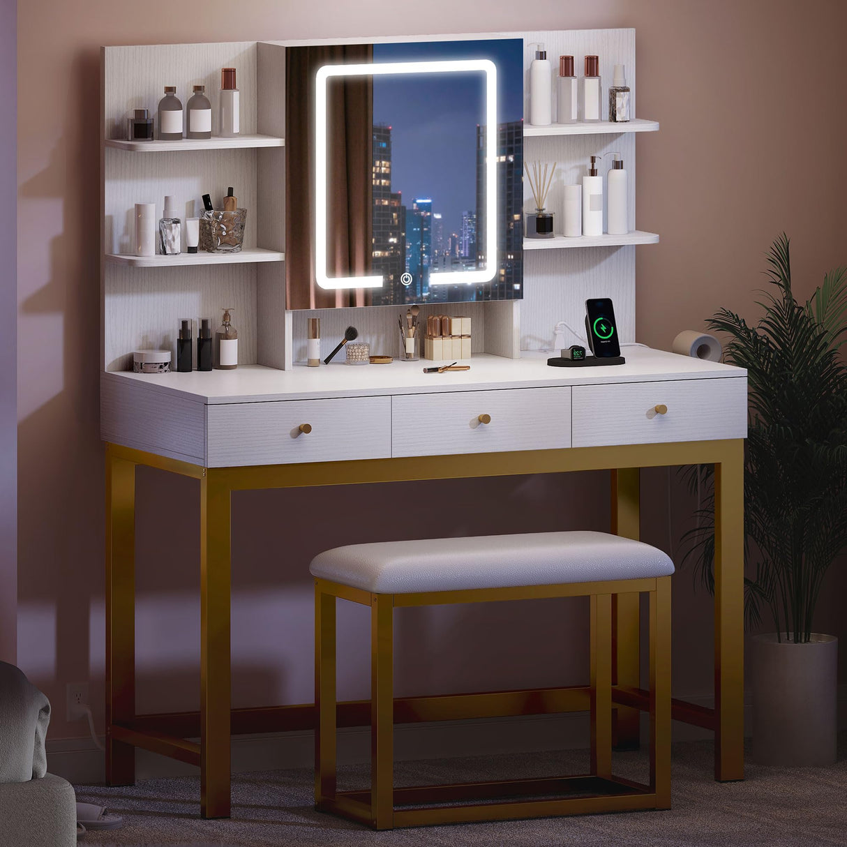 YITAHOME Vanity Desk with LED Lights Mirror & Power Outlets, Makeup Table Set with 3 Adjustable Lighting Modes, Open Shelves and Hidden Storage, Stool, Hooks and Hair Dryer Holder for Bedroom, White YITAHOME