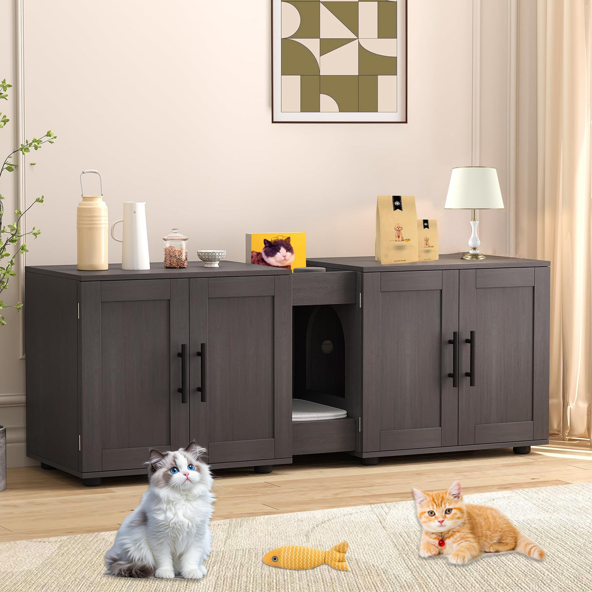 Cat Litter Box Enclosure Furniture for 2 Cats, 55" Large Hiddden Cat Litter Box Enclosure Furniture 3-IN-1 Wooden Cat Litter Cabinet with Barn Door & Double Rooms for Bedroom Living Room, Walnut GAOMON