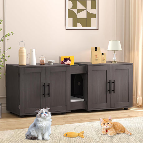 Cat Litter Box Enclosure Furniture for 2 Cats, 55" Large Hiddden Cat Litter Box Enclosure Furniture 3-IN-1 Wooden Cat Litter Cabinet with Barn Door & Double Rooms for Bedroom Living Room, Walnut GAOMON