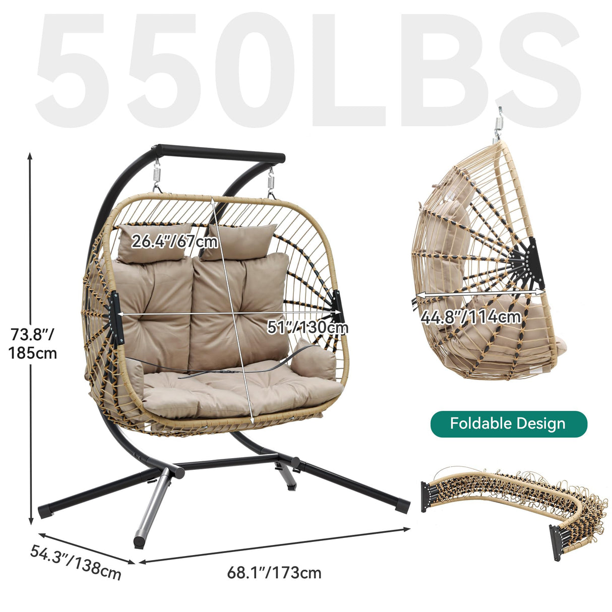 YITAHOME Hanging Egg Swing Chair with Stand Egg Chair Wicker Indoor Outdoor Hammock Egg Chair with Cushions 550lbs for Patio, Bedroom, Garden and Balcony YITAHOME