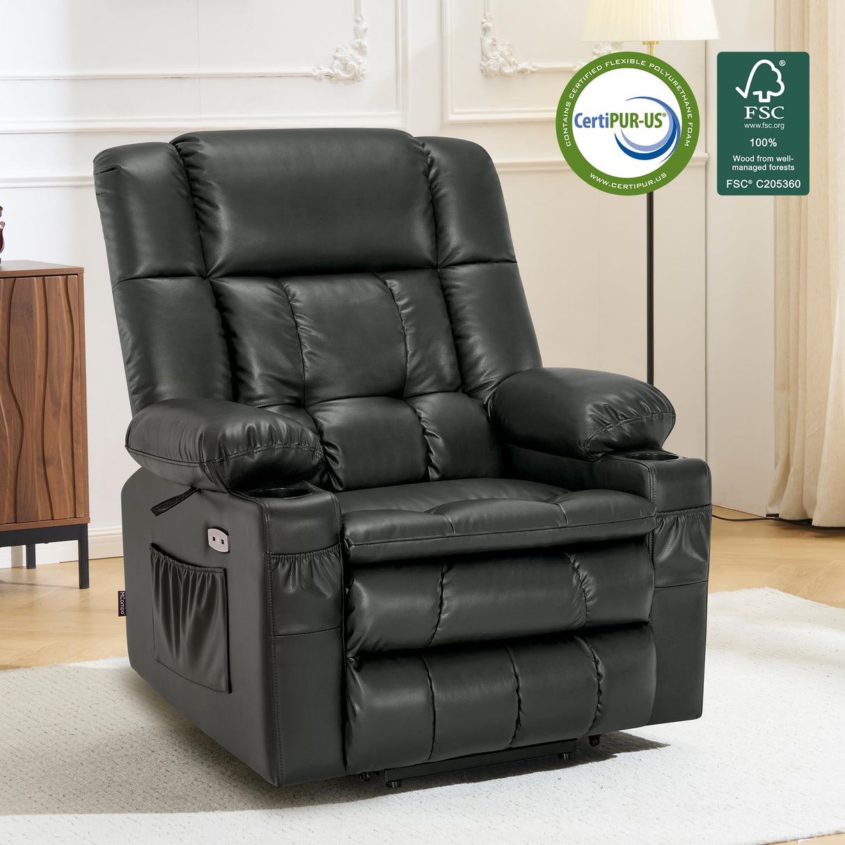 MCombo Dual Motor Power Lift Recliner Chair for Elderly, Lay Flat Lift Chair with Heat and Massage, Cup Holders, USB Ports, Faux Leather 7890 (Grey, Medium) MCombo