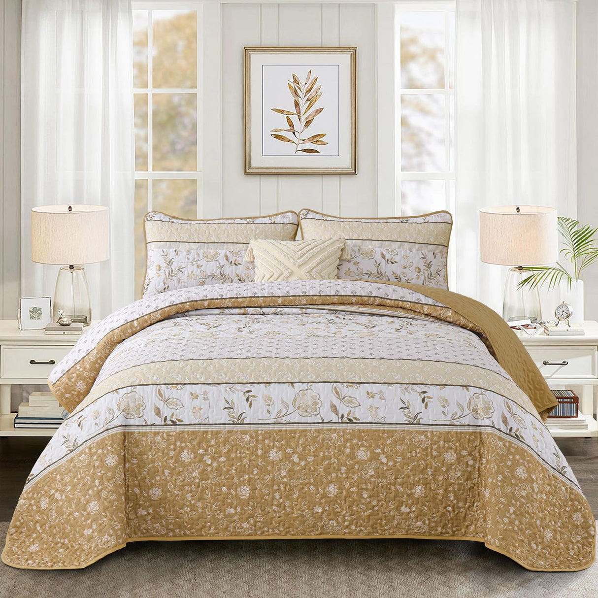 WONGS BEDDING Boho Floral Quilt Set King Size, Brown Patchwork Quilt Bedspread with Flower Botanical Leaves Printed, 3 Pieces Farmhouse Bedding Set for All Season(104"x90") WONGS BEDDING