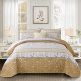 WONGS BEDDING Boho Floral Quilt Set King Size, Brown Patchwork Quilt Bedspread with Flower Botanical Leaves Printed, 3 Pieces Farmhouse Bedding Set for All Season(104"x90") WONGS BEDDING