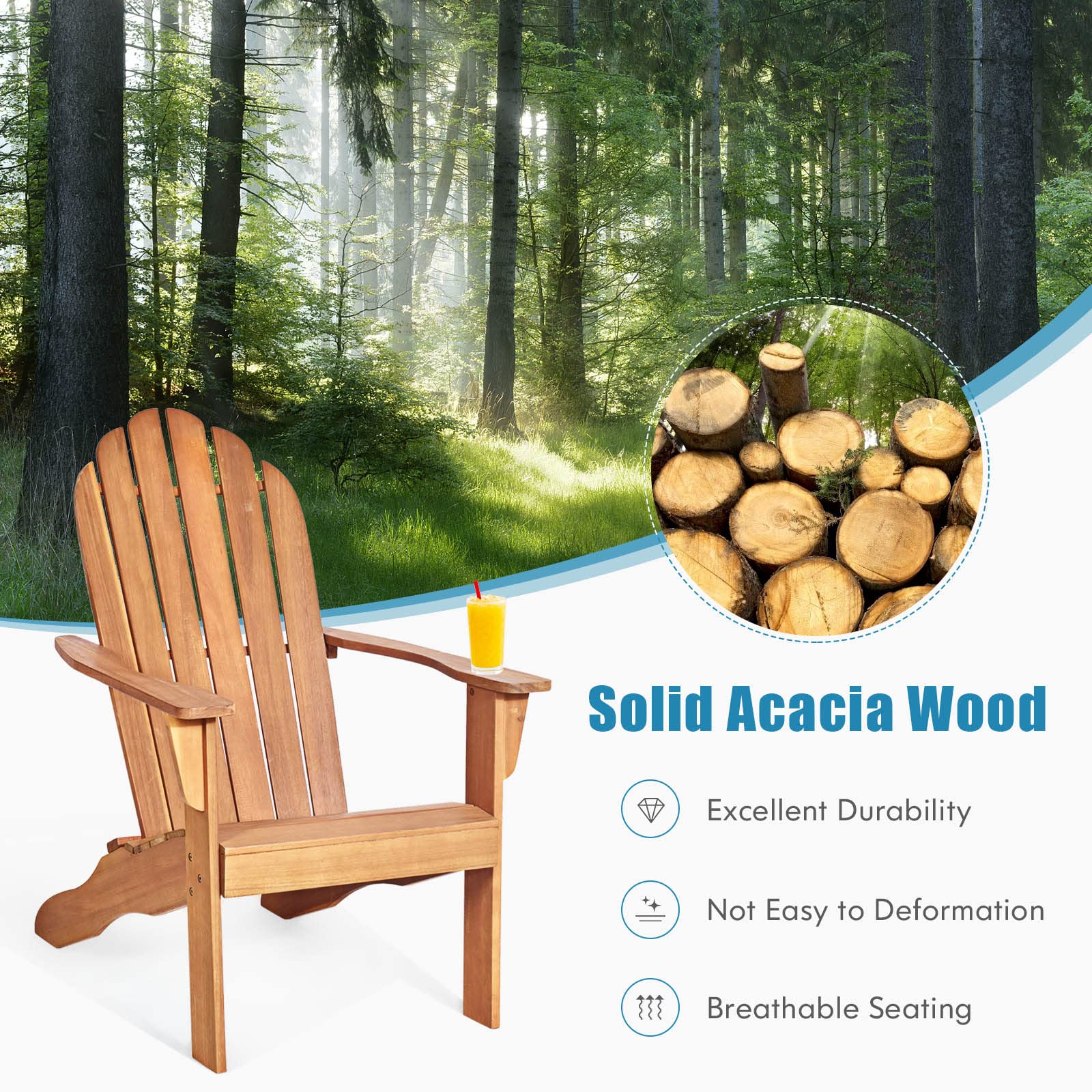 Tangkula Adirondack Chair, Acacia Wood Adirondack Lounger Chair, Outdoor Armchairs with Slatted Seating, Weather Resistant, for Patio Deck Lawn Backyard, Garden Adirondack Furniture (1, Natur - WoodArtSupply