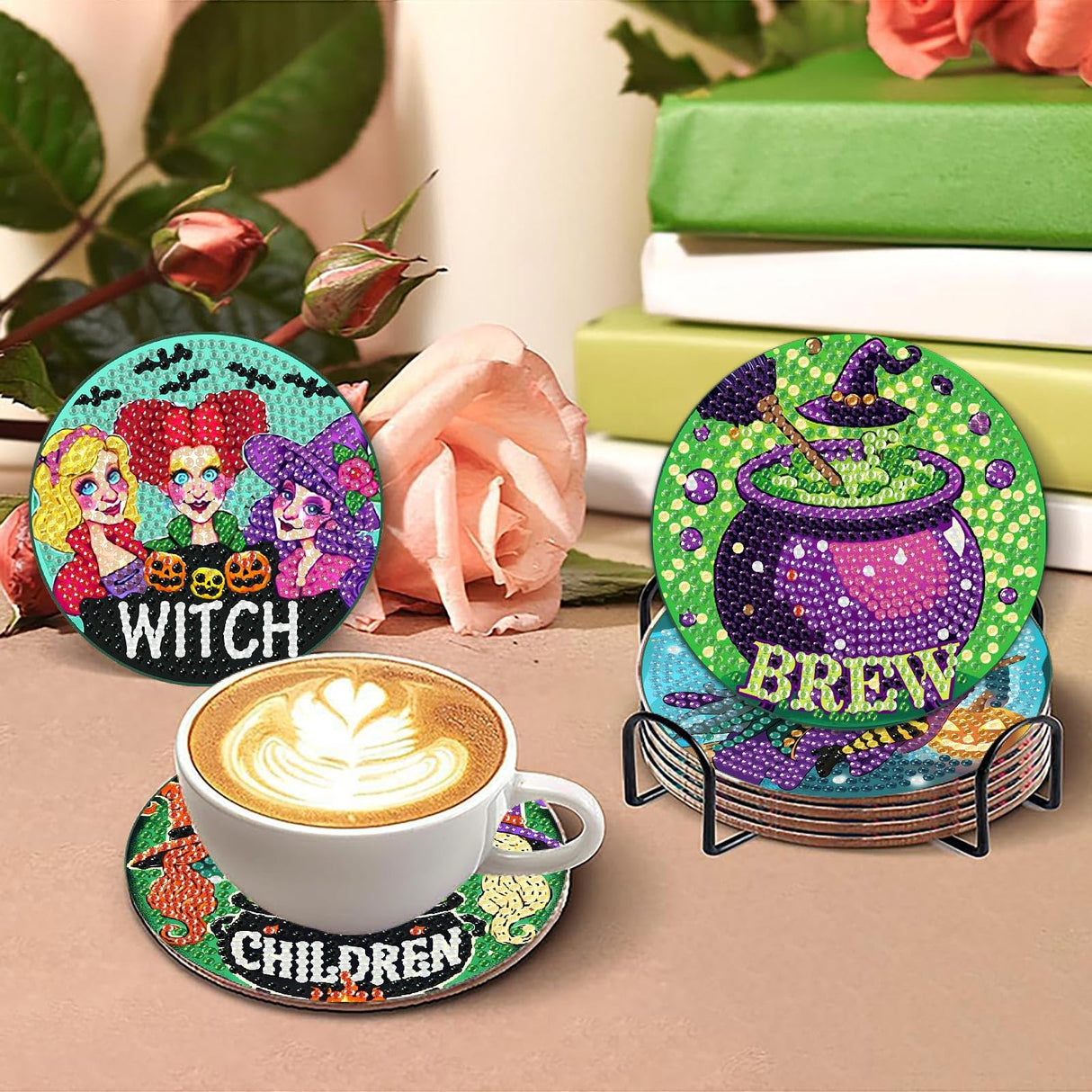 CEUHROG 6 Pcs Diamond Paintings Coasters Kits with Holder, DIY Halloween Coaster Diamond Art Kits,Full Drill Rhinestone Painting Kits for Adults Ki,Beginners Art Craft Supplies CEUHROG