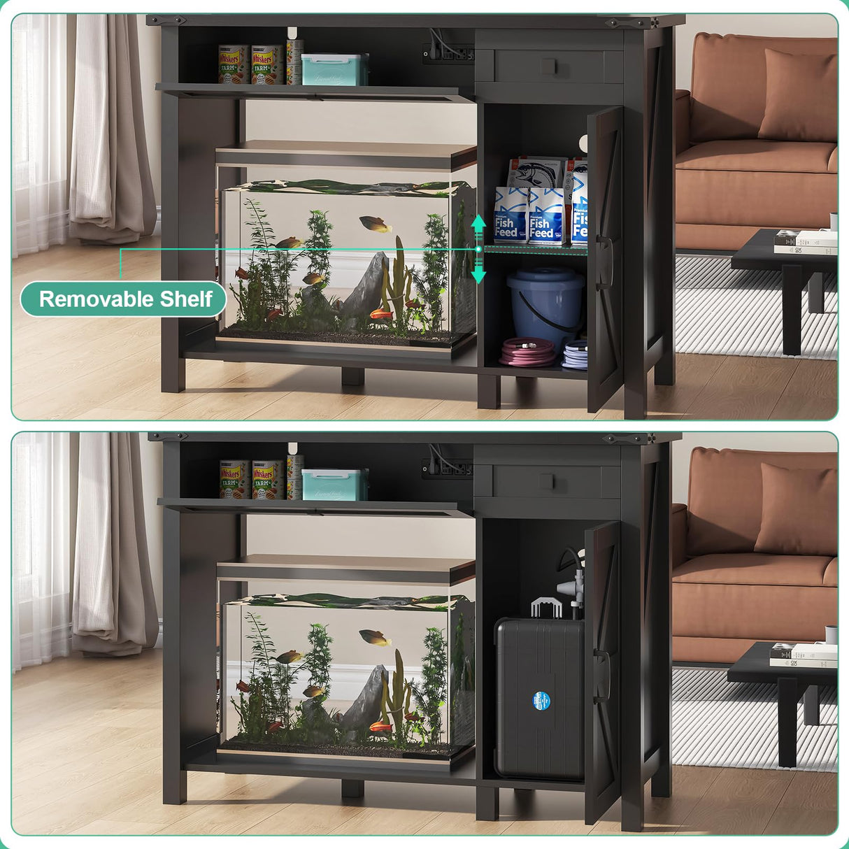 Saudism 40 Gallon Aquarium Stand With Charging Station, Farmhouse Fish Tank Stand, Reptile Tank Stand Terrarium Stand with Drawer and Cabinet Storage, Sturdy Heavy Duty 41.9"×18.3" Tabletop - Black Saudism