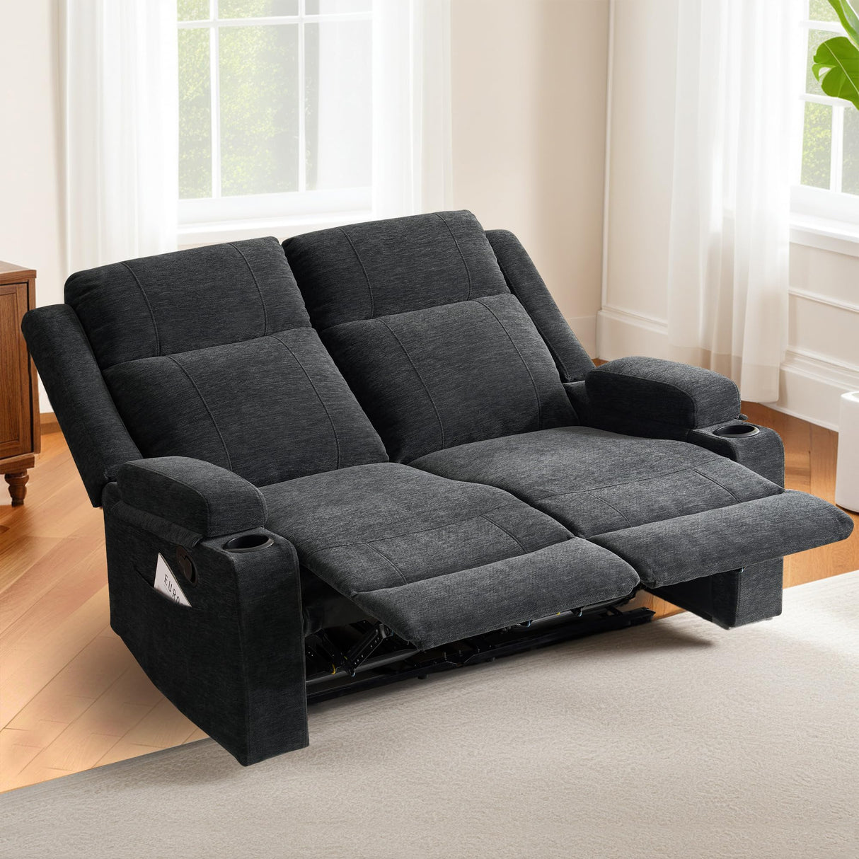 LURVIA 55" RV Loveseat Recliner – Space-Saving Double Reclining RV Sofa, Compact Theater Seating with Cup Holders & Storage Pocket, Black Chenille Couch for Camper, Motorhome & Home Theater LURVIA