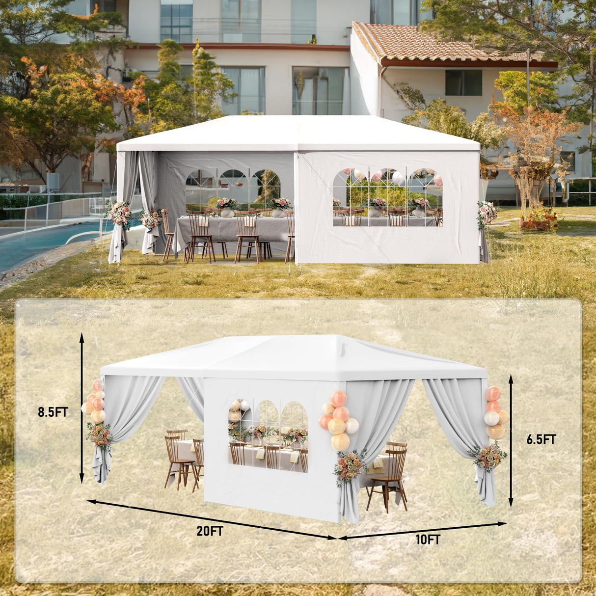 Susici 10x20 Outdoor Gazebo Canopy Party Tent with 4 Removable Sidewalls & Transparent Windows,Outside Gazebo Event Tent for Weddings, Birthdays, Garden Parties, and Backyard Patio BBQ Events susici