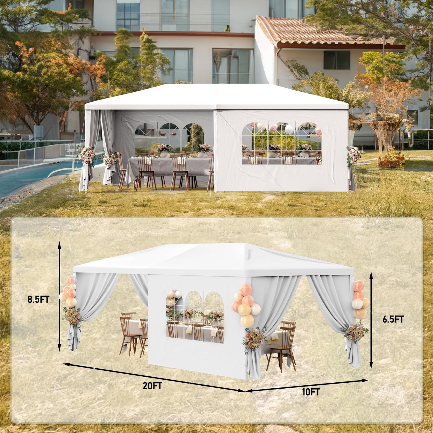 Susici 10x20 Outdoor Gazebo Canopy Party Tent with 4 Removable Sidewalls & Transparent Windows,Outside Gazebo Event Tent for Weddings, Birthdays, Garden Parties, and Backyard Patio BBQ Events - WoodArtSupply