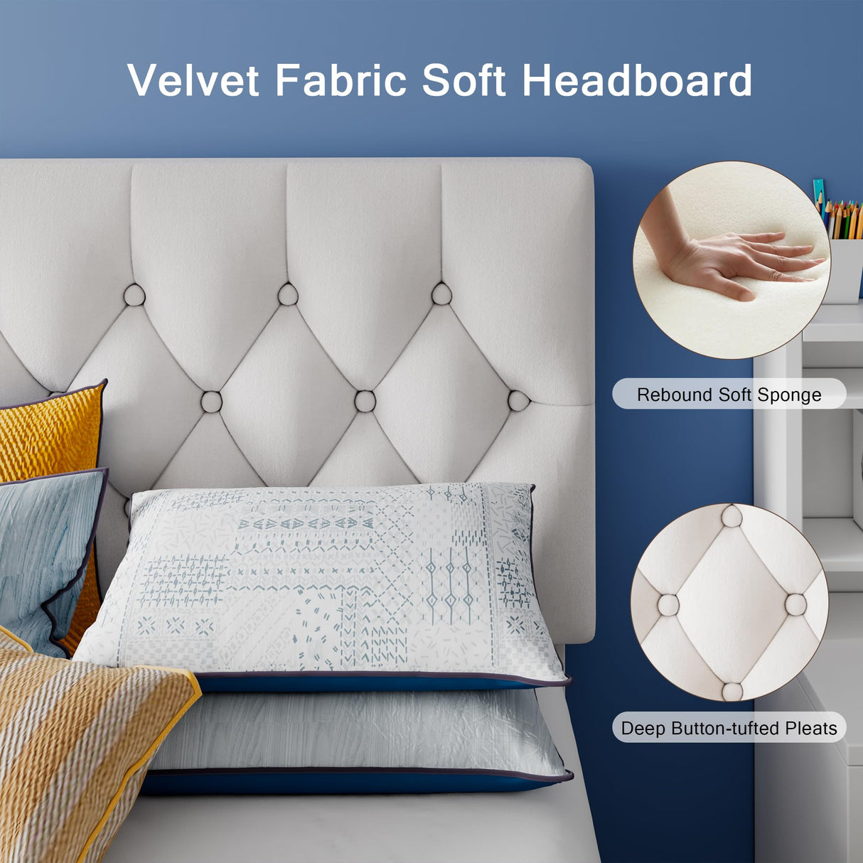 Einhomn Twin Upholstered Bed Frame with Headboard, Button Tufted Linen Bed Base, Platform Bed with Wood Slat, Heavy Duty, Easy Assembly, No Box Spring Needed, White Einhomn