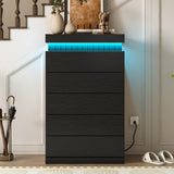 UPOSOJA Tall Black Dresser for Bedroom, Modern 5 Wood Drawers with LED Light and Power Outlet, Floating Dressers for Closet, Large Chest of Drawer for Living Room, Hallway, Entryway UPOSOJA