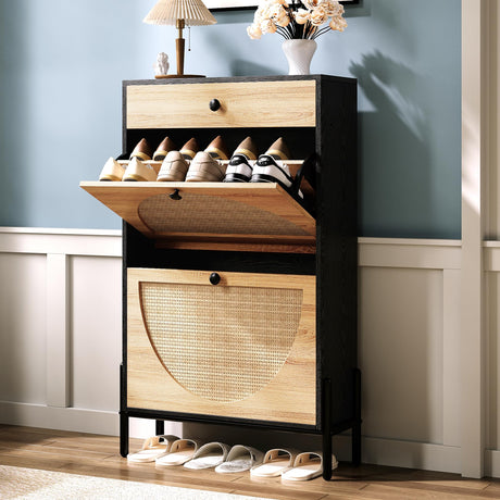 IRONCK Shoe Cabinet with 2 Flip Drawers, Shoe Storage Cabinet for Entryway, Free Standing Shoe Storage Organizer with Rattan Doors Slim Narrow Shoe Rack Cabinet, Black IRONCK