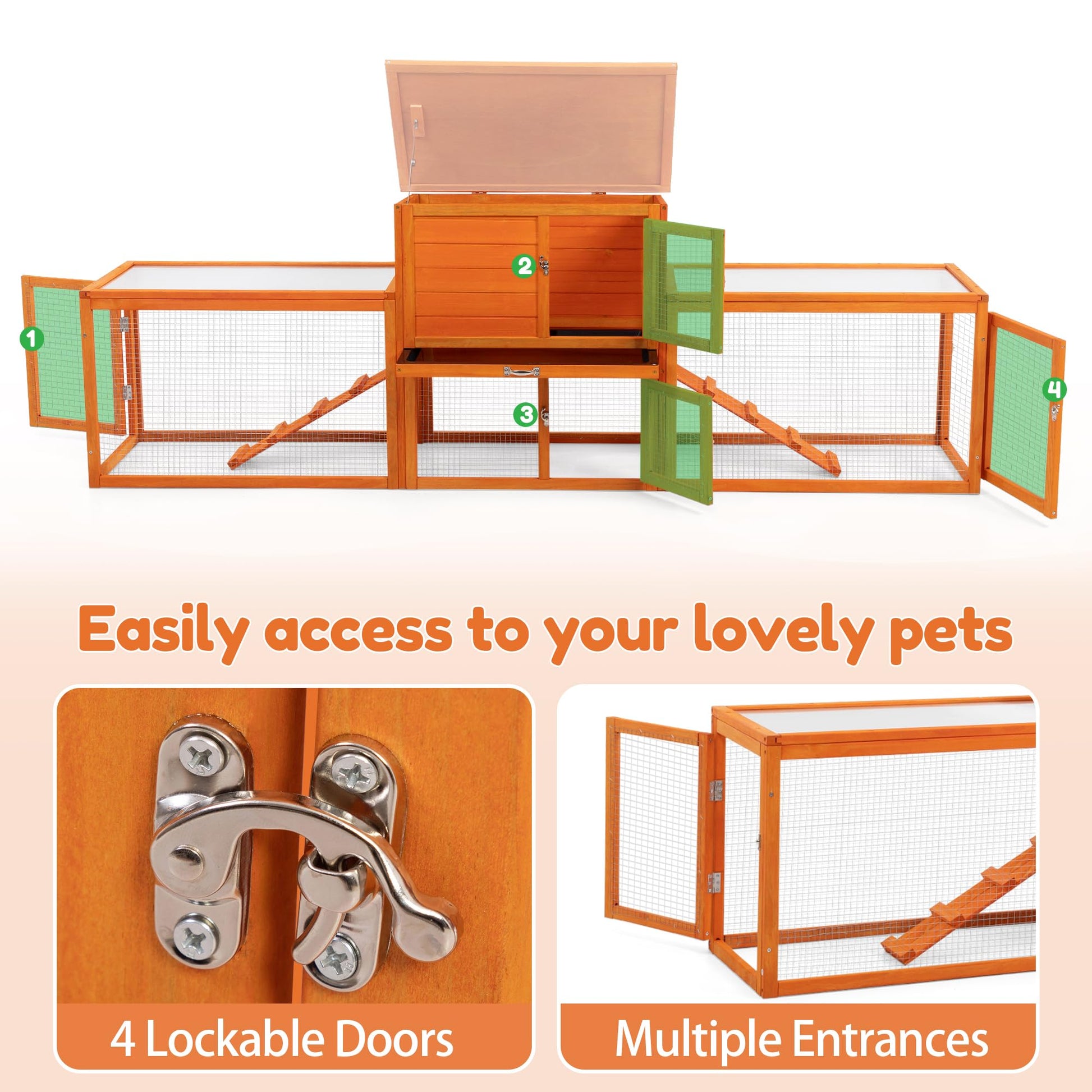 COZIWOW Extra Large Rabbit Hutch Bunny Cage Outdoor Indoor, 2-Story 94.5”L Wooden Bunny Hutch for 2 Rabbits, Big Rabbit Cage with Cleaning Tray & Waterproof Roof & Runs (Orange) - WoodArtSupply