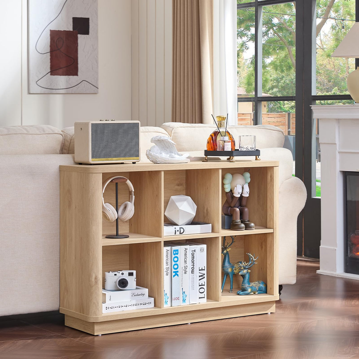 Joaxswe 6 Cube Storage Book Shelf, 40" Wide Low Horizontal Bookcase with Curved Edge, Floor Standing 2-Tier Wooden Bookshelf with Base, Modern Short Book Case for Bedroom, Study, Entryway, Natural Oak Joaxswe