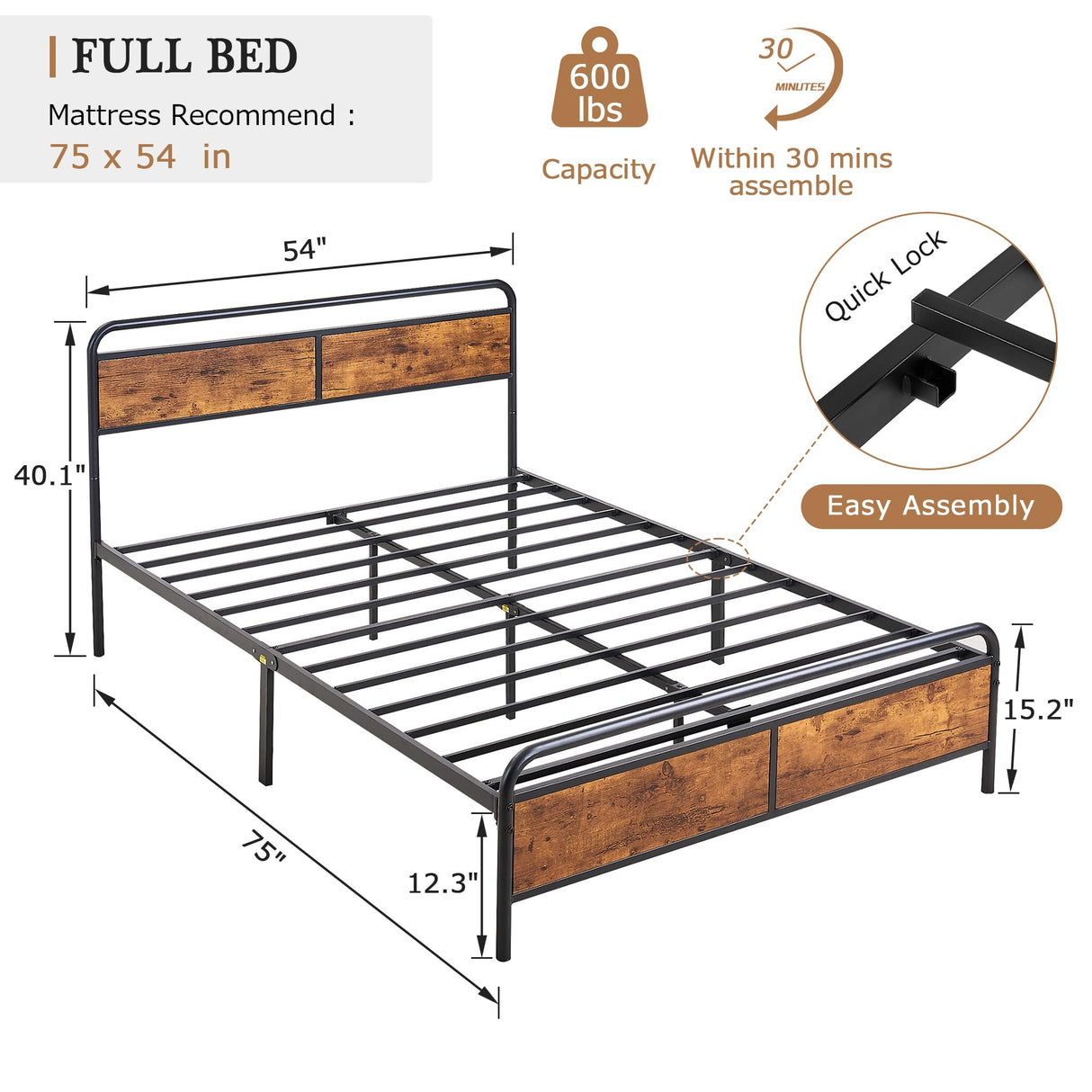 VECELO Metal Platform Full Bed Frame with Wooden Headboard,Sturdy Steel Slats Support/Matress Foudation/No Box Spring Needed(Classic) VECELO