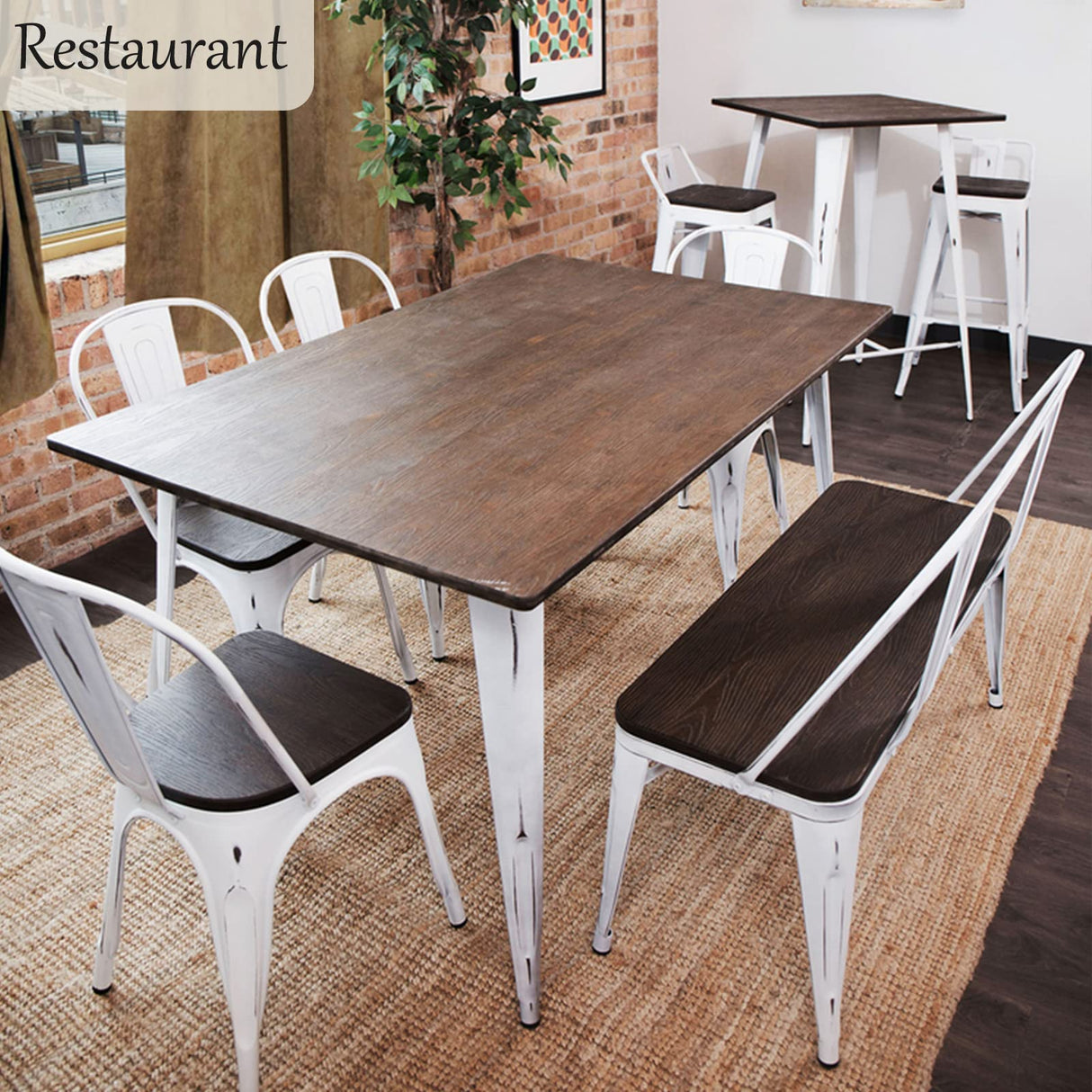 YOLENY Dining Bench, Entryway Bench with Back, Farmhouse Metal Dining Bench, Industrial Mid-Century 3 Person Rustic Spindle Bench, with Wood Seat, Removable Backrest, 42in, White YOLENY