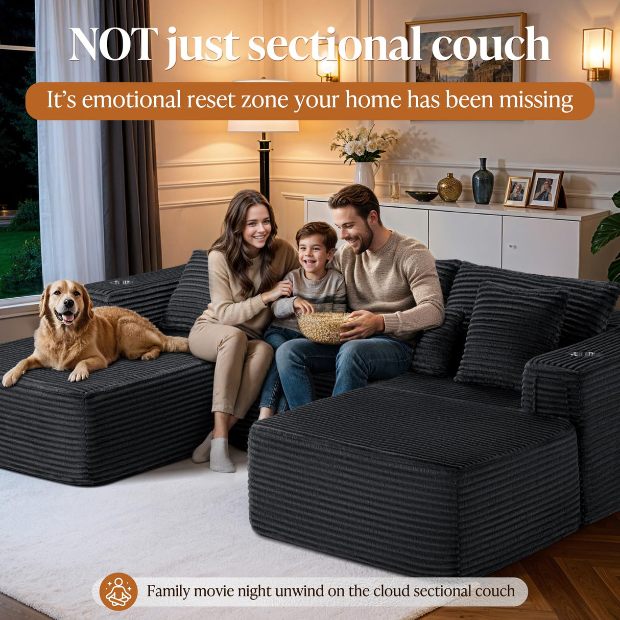 VYUXWO 108" Cloud Sectional Couch, Comfort U Shaped Boneless Couch for Living Room, Extra Deep Seats No Assembly, Minimalist Modular Sofa, Corduroy (Black, 2 Seater+Left Facing Chaise+Ottoman) VYUXWO