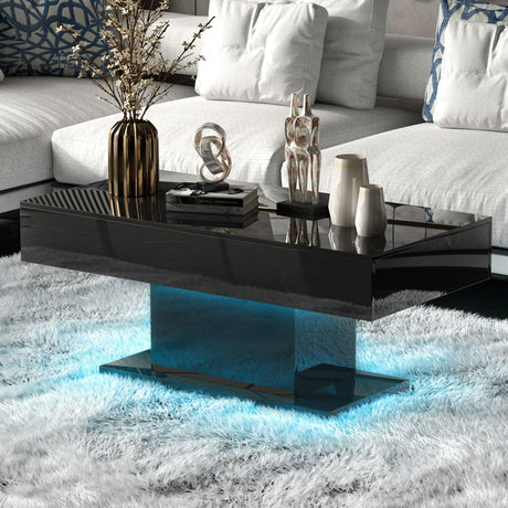 Kurufurt Black Led Coffee Table for Living Room, Living Room Table Rectangular Center Table, Modern High Glossy Wooden Tea Tables with 16 Colors LED Lights for Dining Reception Room (Black) Kurufurt