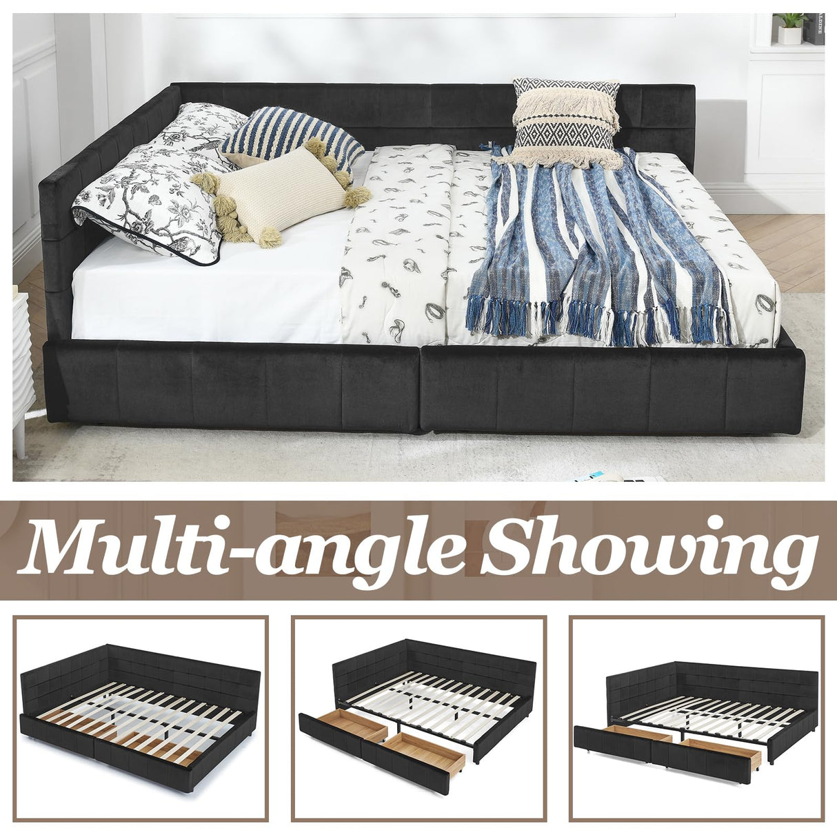 MWrouqfur Velvet Corner Bed Frame Full, Upholstered Corner Daybed with Drawers, Full Size Day Bed Frame with Storage, Classic Tufted Design, Reversible Left Or Right (Black, Queen) MWrouqfur