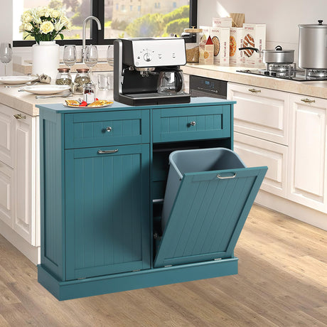 LOUVIXA Tilt Out Trash Can Cabinet with Double Hidden Trash Can Holder, Kitchen Free Standing Recycling Cabinet,Dog Proof Trash Can,Wood, Teal LOUVIXA