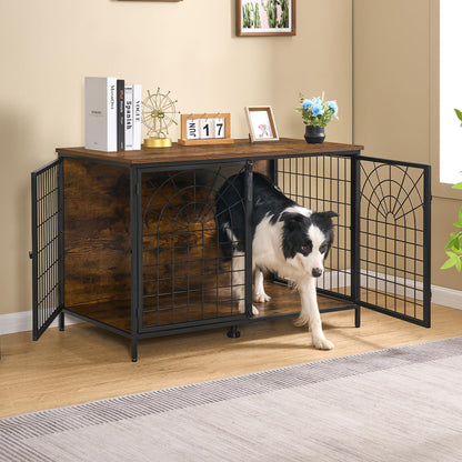 Hzuaneri 39.4" Dog Crate Furniture, 176lbs Heavy Duty Dog Kennels Indoor, End Side Table, TV Cabinets, Quadra-Door Wooden Dog Crate for Small to Large Dogs, Chew-Resistant, Brown and Black DF - WoodArtSupply