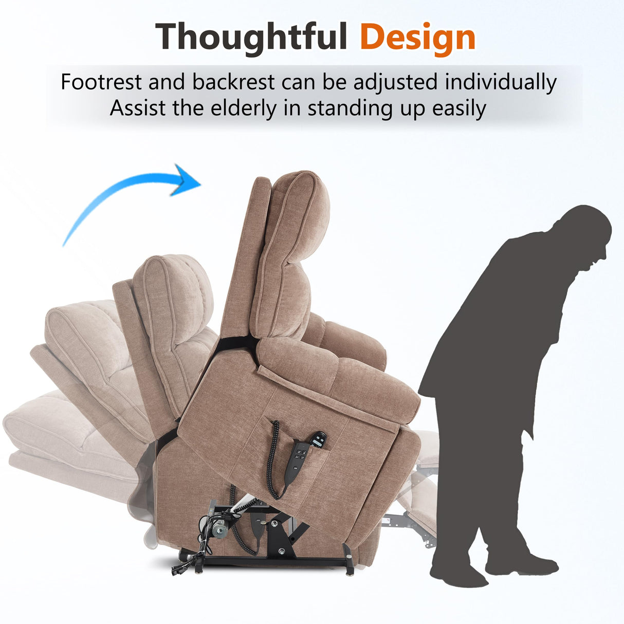 Dual Motor Power Lift Chair for Elderly with Vibration Massage and Lumbar Heating for Living Room, Electric Lay Flat Recliner with Cup Holders Remote Controls, Medium-Firm Chenille Fabric, Brown EZZUP