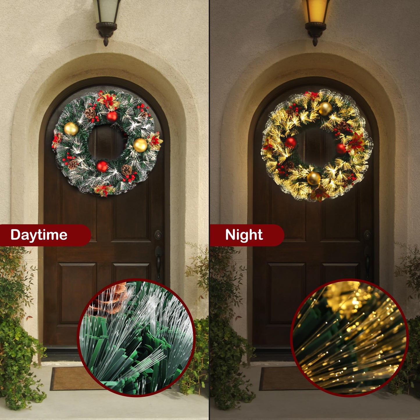 Pre-lit Christmas Wreath 24" Extra Large Christmas Wreath Artificial Deluxe Lighted Plug in Christmas Decorations Ornament with Lights Door Window Fireplace Decor 10ft Cable