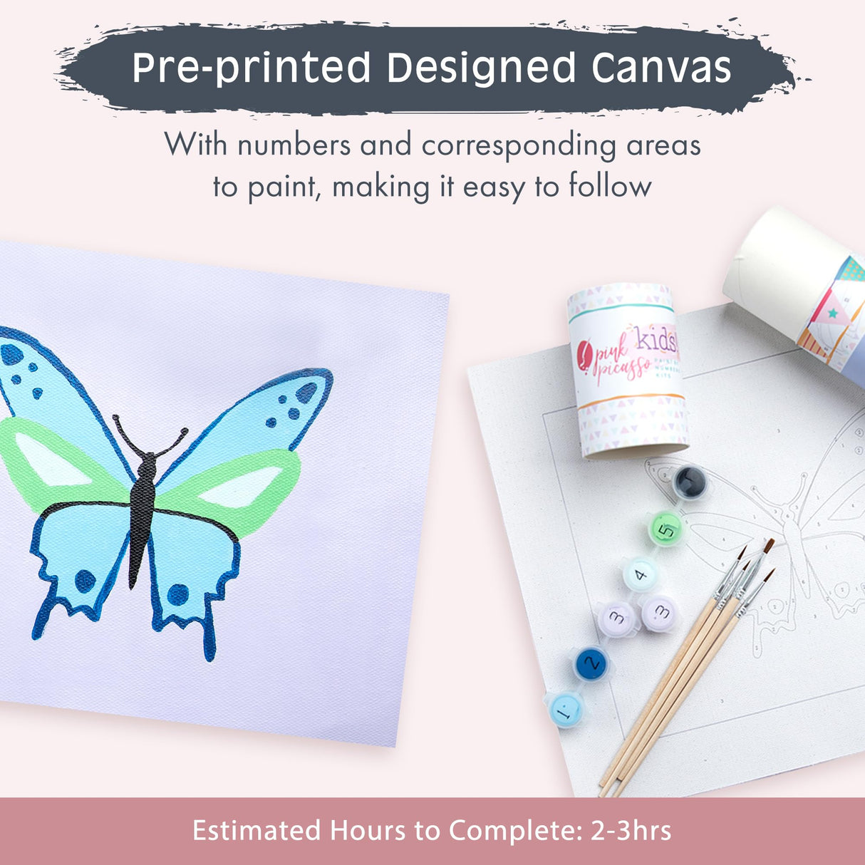 Pink Picasso Kits Paint by Number for Kids Ages 8-12 | DIY Beginner Kids Craft Kit Acrylic Paint Canvas Painting Art Kits & Wall Decor as Seen On Shark Tank | (Butterfly) 8x10-Paint Kit Set Pink Picasso