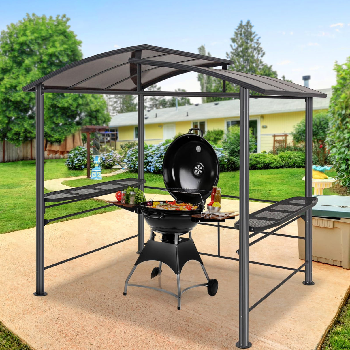 EAGLE PEAK 8x5 ft Grill Gazebo, Steel Frame Outdoor BBQ Cover, Double-Tier Polycarbonate Barbecue Canopy with Shelves EAGLE PEAK