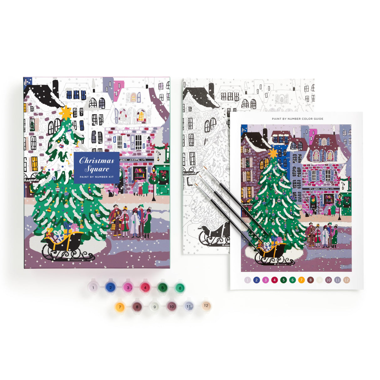 Galison Joy Laforme Christmas Square – DIY 9 x 12 Paint by Number Kit with Stunning Christmas Art for Beginners and Experts Includes Paint and Brushes Galison
