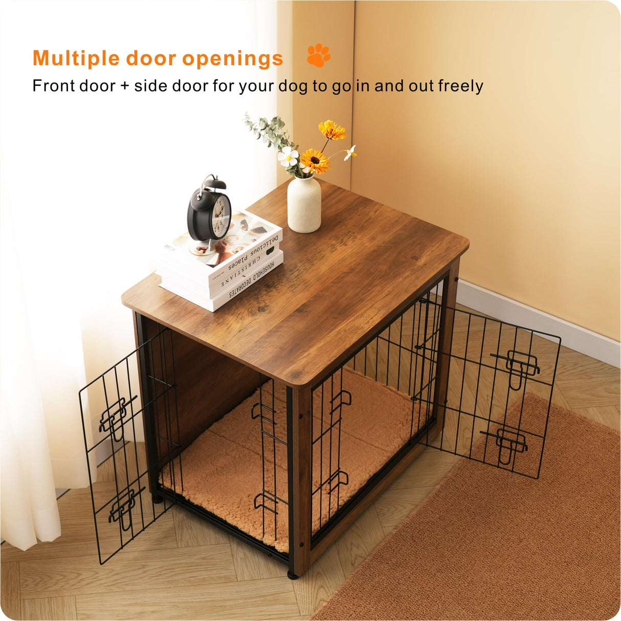 DWANTON Dog Crate Furniture with Cushion, Wooden Dog Crate with Double Doors, Dog Furniture, Dog Kennel Indoor for Small/Medium/Large Dog，End Table, Small, 27.2" L, Warm Brown Dwanton