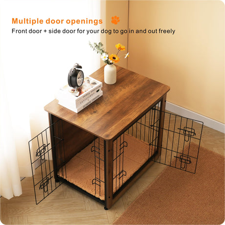 DWANTON Dog Crate Furniture with Cushion, Wooden Dog Crate with Double Doors, Dog Furniture, Dog Kennel Indoor for Small/Medium/Large Dog，End Table, Small, 27.2" L, Warm Brown Dwanton