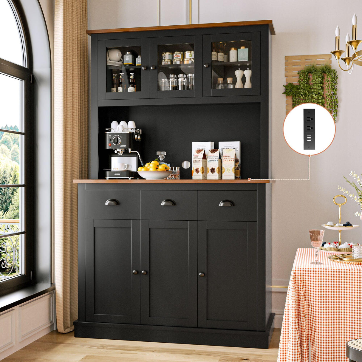 MU 71" Kitchen Pantry Cabinet with Charging Station, Tall Kitchen Hutch with Countertop, Drawers & Microwave Shelf, Food Storage Cabinet for Dining Room & Coffee Bar, Black MU