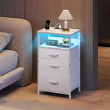 Yetom Nightstand with Charging Station Set of 2, LED Night Stand with3 Fabric Drawers, Side Table with Open Shelf, End Table with Steel Frame, 3 Drawer Dresser for Bedroom, White YeTom