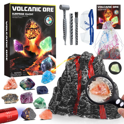 Woumserta Volcano Dig Kit - 10 Rocks Excavation Kit, Gemstone Rocks for Kids, Fossil Volcano Toys Dig Kits for Rocks Collection, Volcano Toys for Boys Girls and up Year Old Birthday Gifts