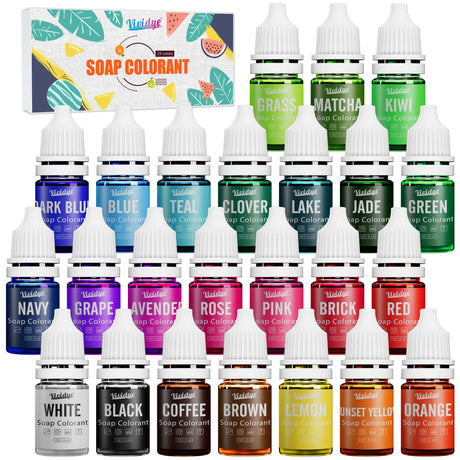 Soap Dye - 24 Color Food Grade Skin Safe Coloring for Bath Bomb and DIY Making Supplies - Liquid Concentrated Colorant Kit for Handmade Soaps and Crafts Vividye