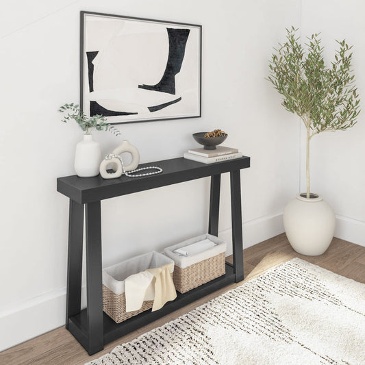 Plank+Beam Solid Wood Console Table with Storage, 46.25 Inch, Sofa Table with Shelf, Narrow Entryway Table for Hallway, Behind The Couch, Living Room, Foyer, Easy Assembly, Black - WoodArtSupply