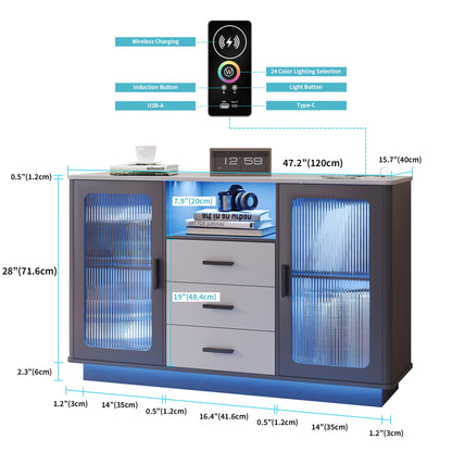 LVSOMT Sideboard Buffet Storage Cabinet with LED Lights, Modern Kitchen Bar Cabinet, High Gloss Wood Accent Cabinet, Console Table for Living Room (Matte Grey) - WoodArtSupply