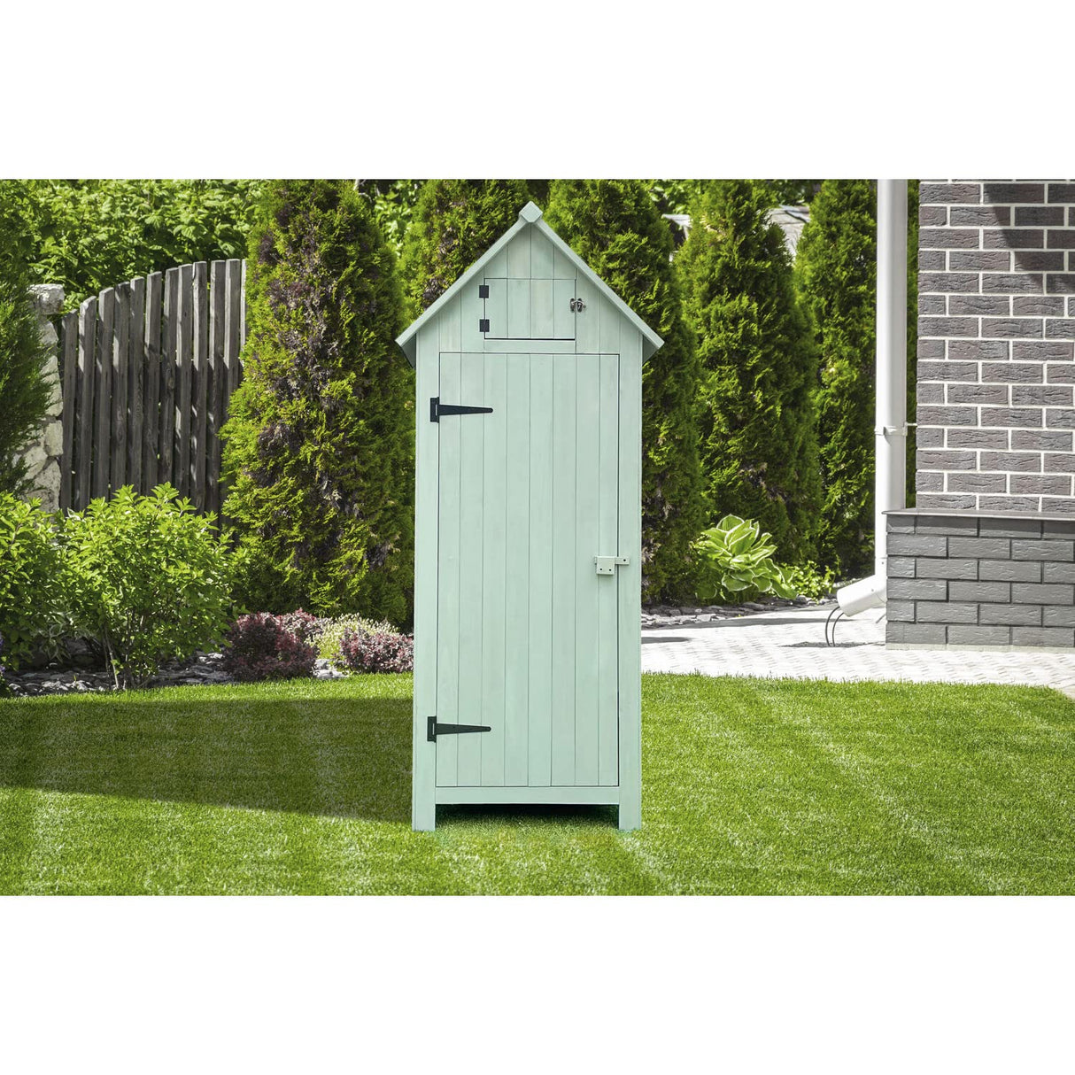 Hanover Outdoor Storage Shed with Shelves and Lock, 8.7 cu. ft. Capacity, Vertical Wood Shed for Tools, Equipment, and Garden Supplies, Modern Fir Wood Shed in Mint with Waterproof Roof and Floor Hanover