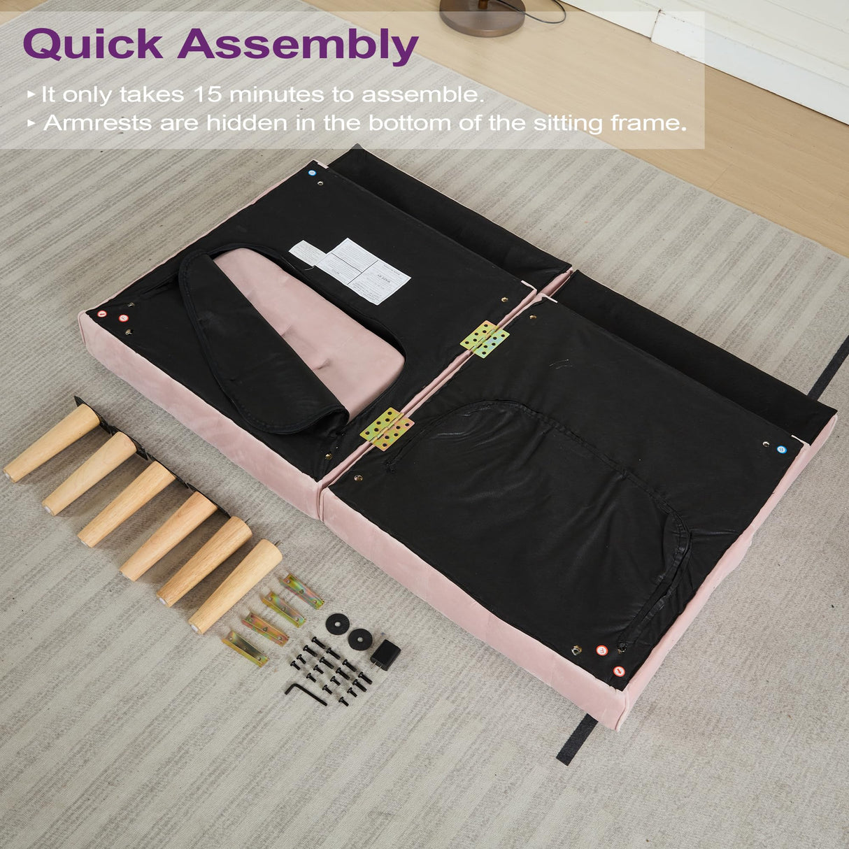 TYBOATLE 65" W Velvet Modern Convertible Folding Futon Couch Sofa Bed w/ 2 USB Charging Ports and arms, Loveseat for Compact Living Space, Dorm, Game Studio, Bonus Room, Apartment, Bedroom (Pink) TYBOATLE