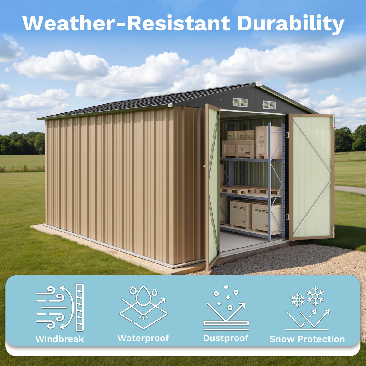Greesum 8×10FT Outdoor Storage Shed, Metal Patio Storaged Sheds with Lockable Doors, Sheds & Outdoor Storage for Bike, Backyard, Pool and Garden, Brown Greesum